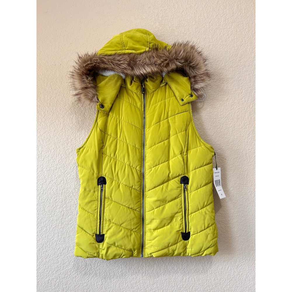 Green Tea M Puffer Vest Avocado Yellow Faux Fur Hood Quilted Winter Gorpcore